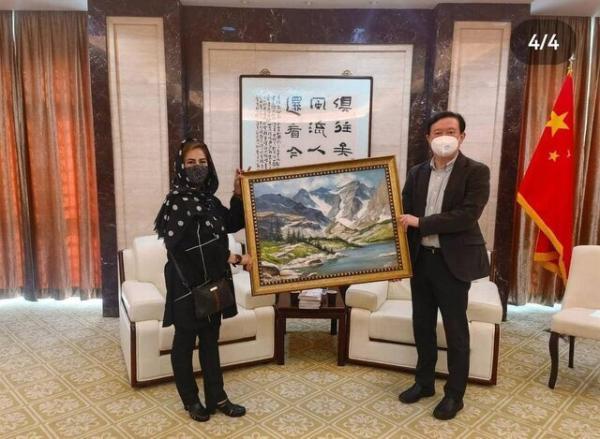 عکس ، ملاقات سفیر چین با خانم هنرمند ایرانی و تبریک به وی